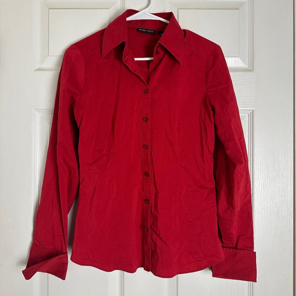New York & Company Stretch Red Y2K 2000s Old Money Button Down Shirt Women S